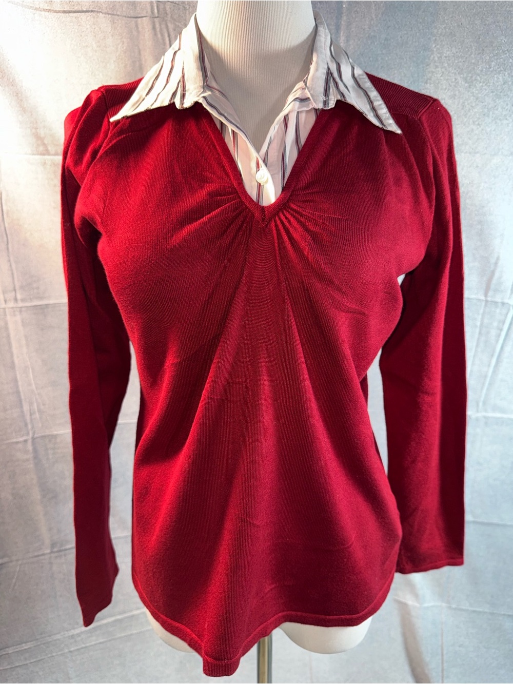 2217-East 5th Red V-Neck Gathered Front Long-Sleeve Top